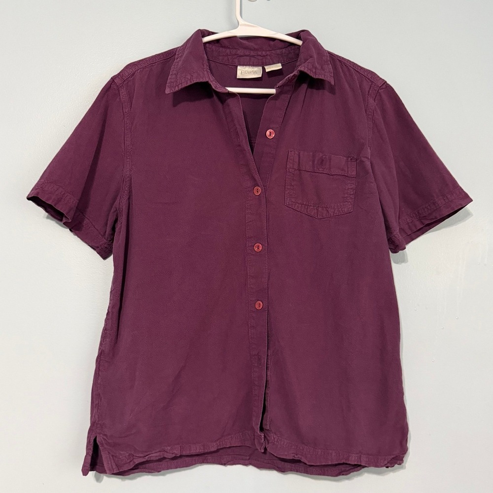 Erika Women's S Plum Purple Short Sleeve Button Down Shirt 100% Cotton